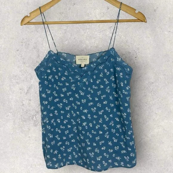 Sezane 100% Silk Palma Blue Floral Tank Top Camisole Boho Size 32 French US 0 - Picture 11 of 13